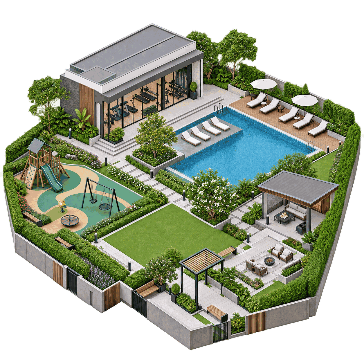 Shared amenity with pool and activity areas