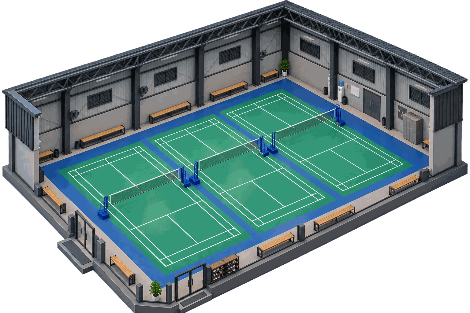 Three-court badminton facility