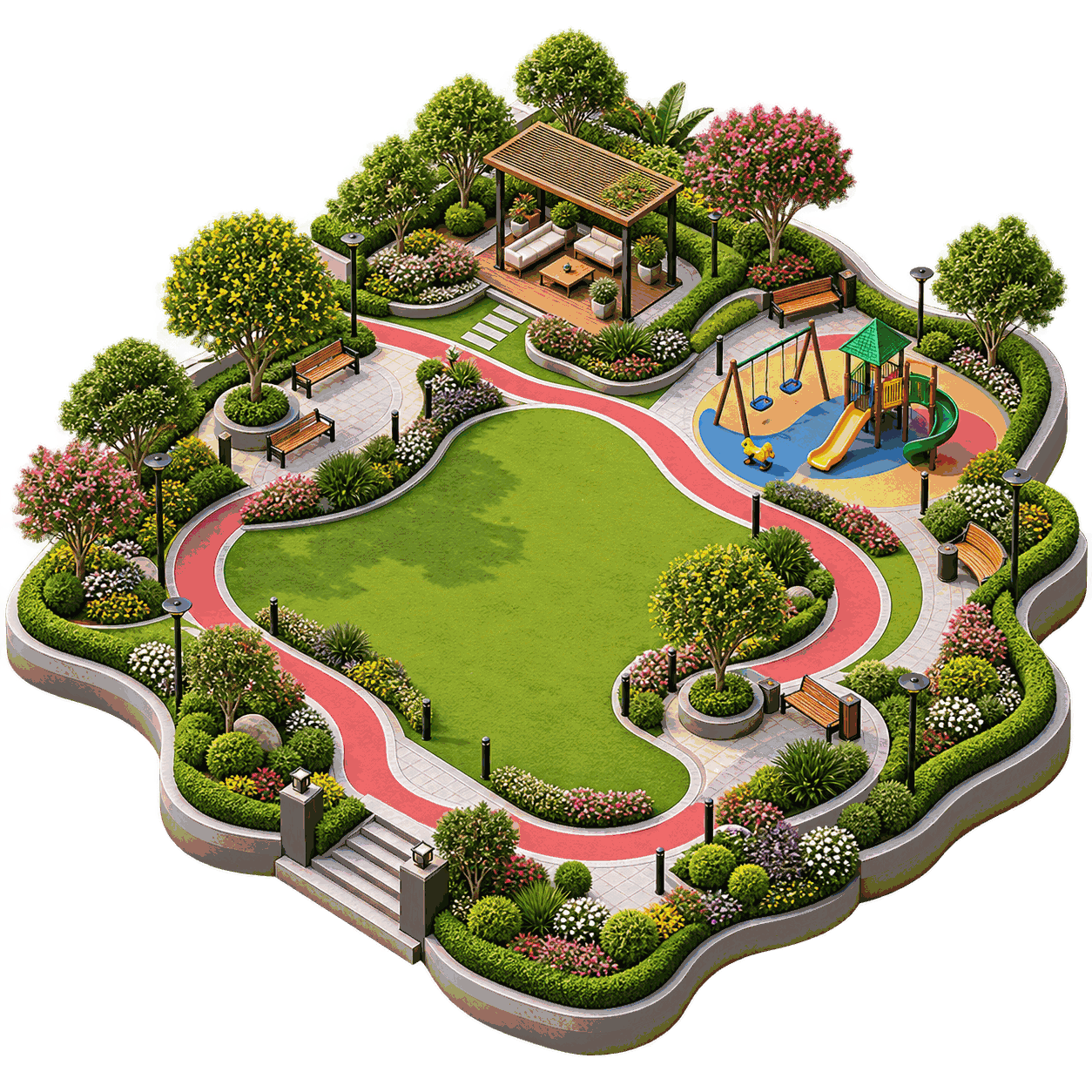 Landscape park with pavilion and playground